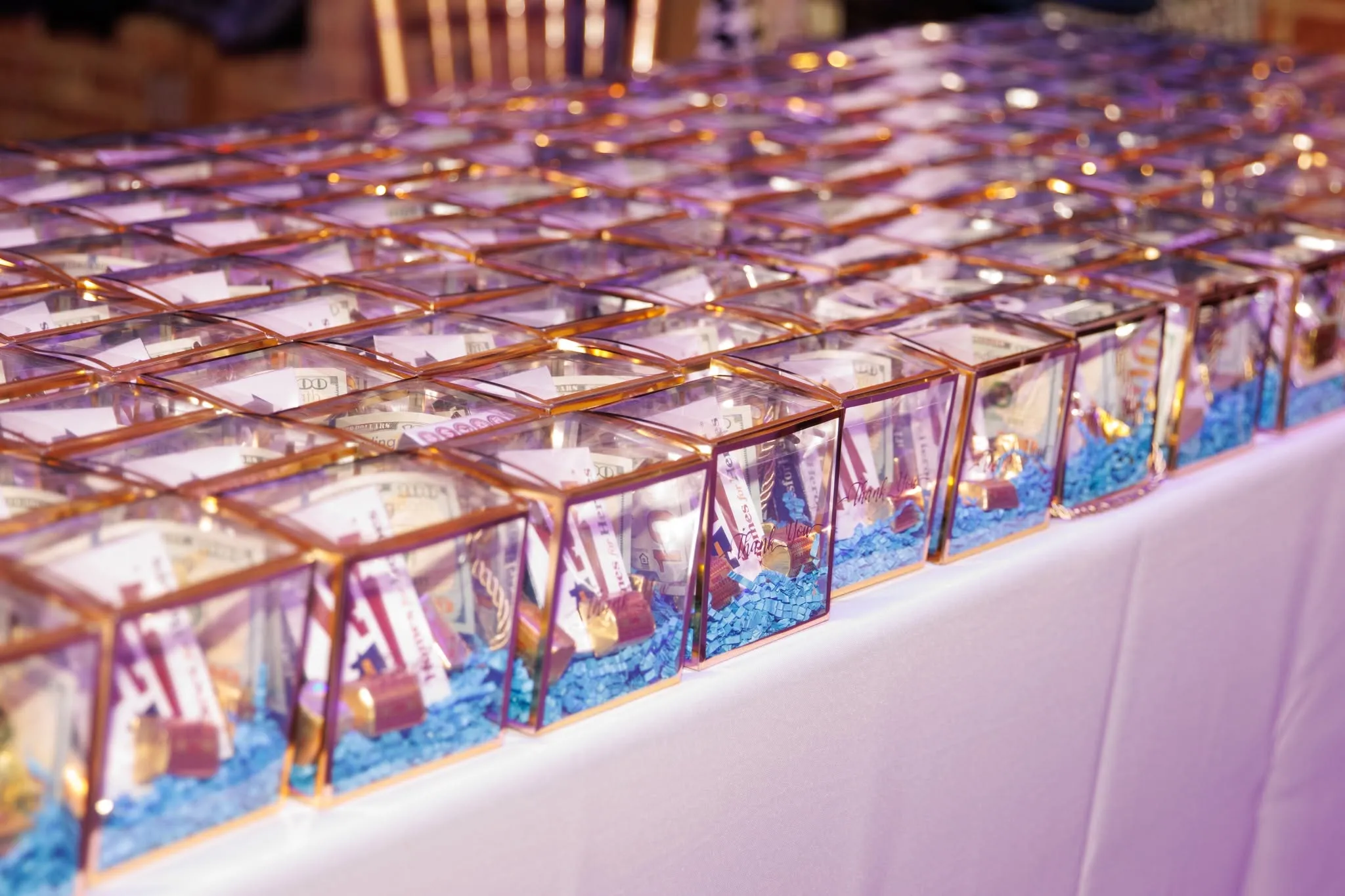 Rows of boxes lined up on the table